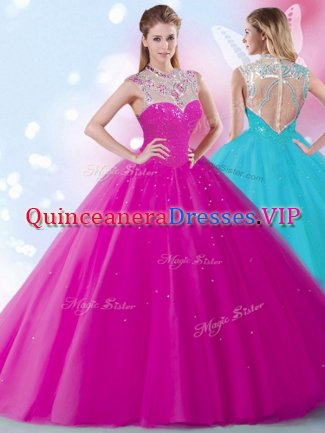 Scoop Fuchsia Quinceanera Gown Military Ball and Sweet 16 and Quinceanera with Beading and Sequins High-neck Sleeveless Zipper