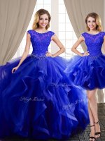Graceful Three Piece Scoop Cap Sleeves Sweet 16 Dress With Brush Train Beading and Appliques and Ruffles Royal Blue Tulle(SKU SJQDDT856001-2BIZ)