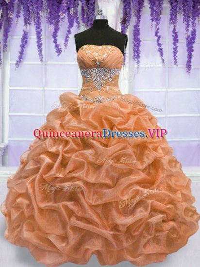 Popular Orange Ball Gowns Strapless Sleeveless Organza Floor Length Lace Up Beading Sweet 16 Quinceanera Dress - Click Image to Close