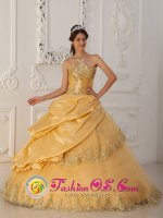 Whitstone Cornwall Gorgeous Gold Quinceanera Dress In New York Lace Strapless Floor-length Taffeta and Tulle Ball Gown