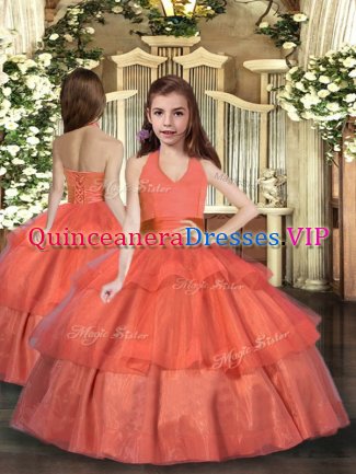 Best Floor Length Orange Red Evening Gowns Halter Top Sleeveless Lace Up