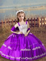 Floor Length Purple Pageant Gowns Satin Sleeveless Beading and Embroidery