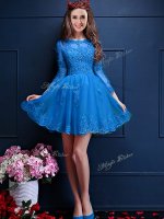 Sexy Beading and Lace and Appliques Quinceanera Court Dresses Teal Lace Up 3 4 Length Sleeve Mini Length