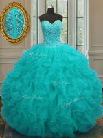 Fine Sweetheart Sleeveless 15th Birthday Dress Floor Length Beading and Ruffles Aqua Blue Organza(SKU PSSW074-7BIZ)