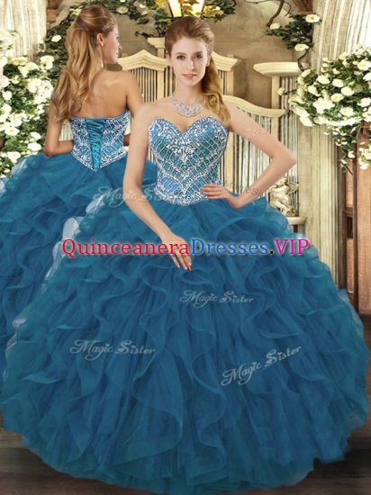 Stunning Teal Sleeveless Floor Length Beading and Ruffled Layers Lace Up Sweet 16 Quinceanera Dress - Click Image to Close