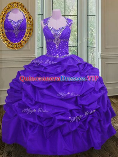Straps Eggplant Purple Ball Gowns Beading and Pick Ups Sweet 16 Quinceanera Dress Lace Up Taffeta Sleeveless Floor Length - Click Image to Close