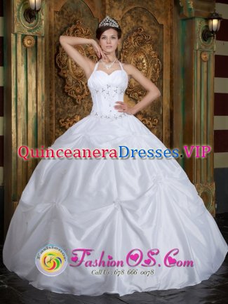 Boca Chica Dominican Republic White Sweet 16 Dress With Halter Taffeta Beading Ball Gown