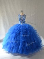 Captivating Sleeveless Floor Length Beading and Ruffles Side Zipper Quince Ball Gowns with Blue