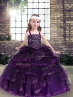Purple Ball Gowns Beading and Ruffles Little Girls Pageant Dress Wholesale Lace Up Tulle Sleeveless Floor Length(SKU PAG1262-1BIZ)
