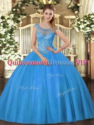 Amazing Baby Blue Scoop Lace Up Beading 15 Quinceanera Dress Sleeveless