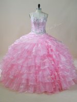 Free and Easy Halter Top Sleeveless Organza 15th Birthday Dress Embroidery and Ruffled Layers Lace Up
