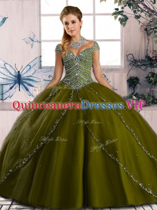 Beautiful Olive Green 15 Quinceanera Dress Sweet 16 and Quinceanera with Beading Sweetheart Cap Sleeves Brush Train Lace Up