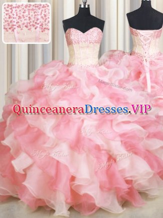 Unique Visible Boning Two Tone Floor Length Ball Gowns Sleeveless Pink And White Vestidos de Quinceanera Lace Up
