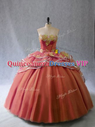 Rust Red Sleeveless Brush Train Appliques and Ruffles Quince Ball Gowns