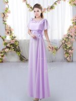 Enchanting Empire Quinceanera Dama Dress Lavender Scoop Chiffon Short Sleeves Floor Length Zipper(SKU BMT0525-4BIZ)