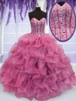 Classical Rose Pink Sleeveless Floor Length Beading and Ruffles Lace Up Sweet 16 Dresses