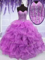 Sweetheart Sleeveless Vestidos de Quinceanera Floor Length Beading and Ruffles Lilac Organza