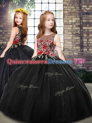 Inexpensive Floor Length Zipper Little Girls Pageant Dress Wholesale Black for Party and Wedding Party with Embroidery