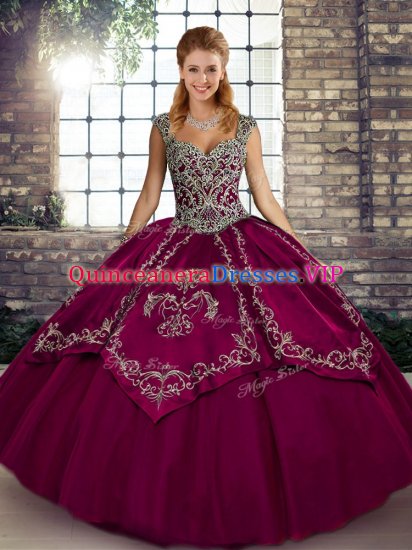 Fuchsia Sweet 16 Quinceanera Dress Military Ball and Sweet 16 and Quinceanera with Beading and Embroidery Straps Sleeveless Lace Up - Click Image to Close
