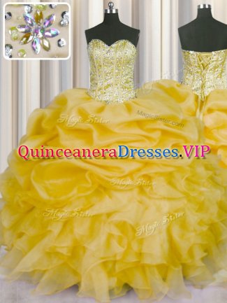 Colorful Sleeveless Organza Floor Length Lace Up Quinceanera Dress in Gold with Beading and Ruffles and Pick Ups