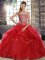 Designer Red Ball Gowns Tulle Off The Shoulder Sleeveless Beading and Ruffles Lace Up 15 Quinceanera Dress Brush Train