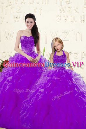 Charming Eggplant Purple Sweetheart Neckline Beading and Ruffles 15 Quinceanera Dress Sleeveless Lace Up