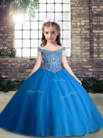 Blue Tulle Lace Up Kids Formal Wear Sleeveless Floor Length Beading