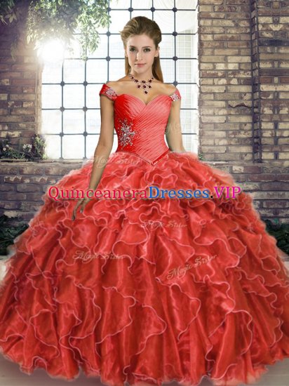 Modest Beading and Ruffles Vestidos de Quinceanera Coral Red Lace Up Sleeveless Brush Train - Click Image to Close