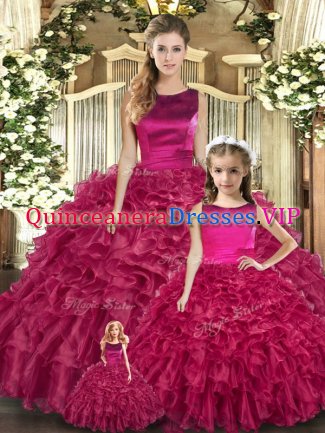 Top Selling Fuchsia Scoop Lace Up Ruffles Quinceanera Dress Sleeveless