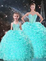 Luxurious Sleeveless Organza Floor Length Lace Up Quince Ball Gowns in Turquoise with Beading and Ruffles