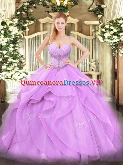 Lavender Lace Up Sweetheart Beading and Ruffles Quince Ball Gowns Tulle Sleeveless - Click Image to Close