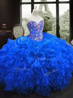 Ideal Royal Blue Organza Lace Up Sweetheart Sleeveless Floor Length Vestidos de Quinceanera Embroidery and Ruffles