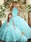 Nice Aqua Blue Ball Gowns Organza Halter Top Sleeveless Beading and Ruffled Layers Floor Length Backless Quinceanera Dresses