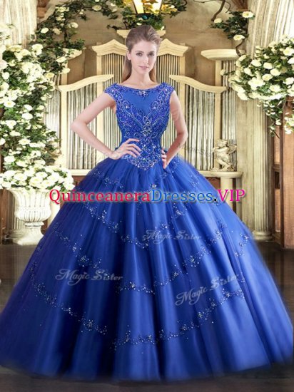 Blue Zipper Scoop Beading and Appliques Sweet 16 Dresses Tulle Sleeveless - Click Image to Close