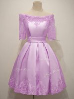 Glittering Lilac Half Sleeves Taffeta Lace Up Quinceanera Dama Dress for Prom and Party and Wedding Party