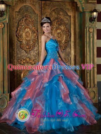 Remarkable Sky Blue and Watermelon Red Lace Up Beading and Ruffles Decorate Bodice For Quinceanera Dress Strapless Organza Ball Gown in El Segundo CA