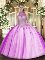 Stunning Fuchsia Halter Top Neckline Beading and Appliques Quinceanera Gowns Sleeveless Lace Up
