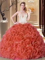 Rust Red Fabric With Rolling Flowers Lace Up Strapless Sleeveless Floor Length 15th Birthday Dress Embroidery and Ruffles