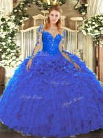 Beautiful Blue Lace Up Vestidos de Quinceanera Lace and Ruffles Long Sleeves Floor Length