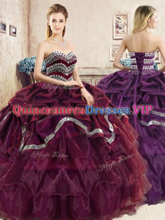 Fashion Burgundy and Purple Lace Up Sweetheart Beading and Ruffled Layers and Pick Ups Ball Gown Prom Dress Organza Sleeveless