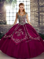 Fuchsia Sweet 16 Quinceanera Dress Military Ball and Sweet 16 and Quinceanera with Beading and Embroidery Straps Sleeveless Lace Up