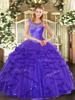 Custom Designed Blue Scoop Lace Up Beading and Ruffles Quinceanera Gown Sleeveless(SKU SJQDDT1139002-1BIZ)