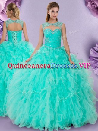 Inexpensive Scoop Sleeveless Lace Up Floor Length Beading and Ruffles Quinceanera Dress