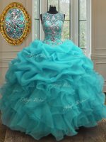 Decent Baby Blue Ball Gowns Scoop Sleeveless Organza Floor Length Lace Up Beading and Ruffles 15th Birthday Dress