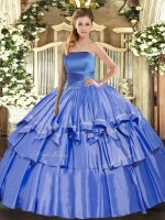 Strapless Sleeveless Ball Gown Prom Dress Floor Length Ruffled Layers Blue Organza