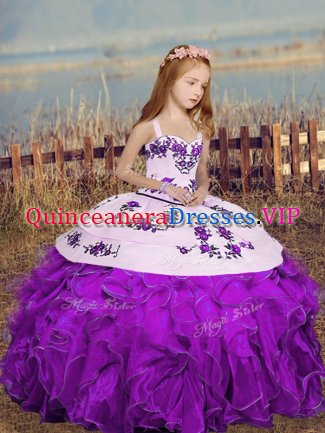 Floor Length Purple Kids Formal Wear Organza Sleeveless Embroidery