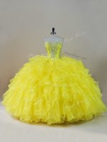 Floor Length Yellow Quinceanera Gowns Organza Sleeveless Beading and Ruffles