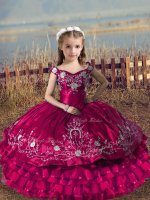 Fuchsia Satin and Organza Lace Up Little Girls Pageant Dress Sleeveless Floor Length Embroidery and Ruffled Layers(SKU XBLD020-6BIZ)