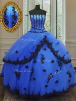 Ideal Blue Strapless Neckline Appliques 15 Quinceanera Dress Sleeveless Lace Up