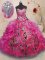 Sleeveless Organza Floor Length Lace Up Quince Ball Gowns in Hot Pink with Beading and Appliques and Ruffles